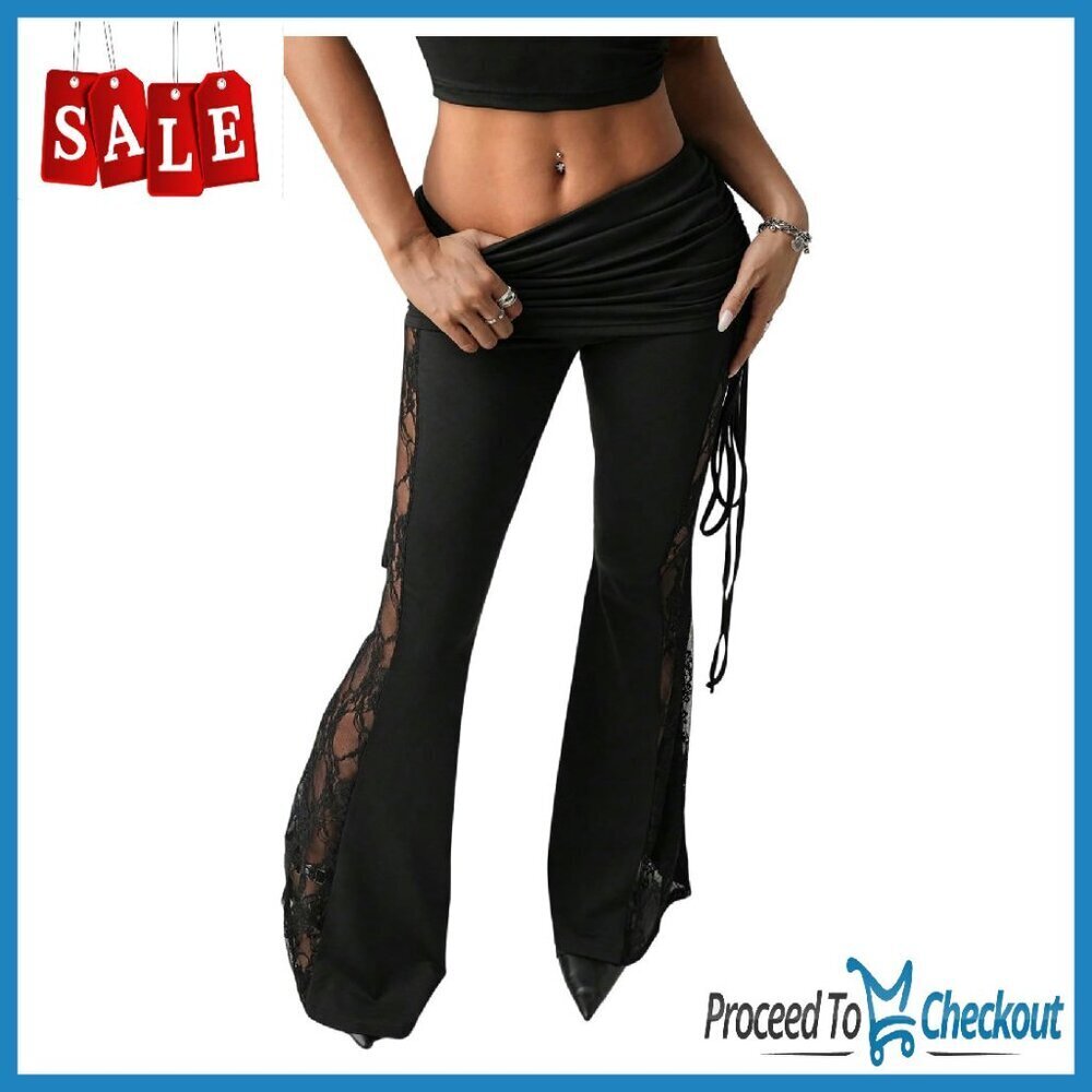 Women's Lace Pants Fold Over Flare Leggings Bell Bottoms Rave Outfits